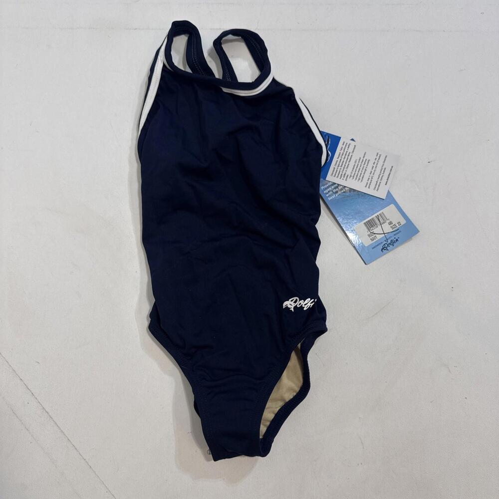 Dolphin girls practice UPF 50+ Swimsuit one piece Sz 22 Navy‎ White Stripe NWT